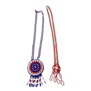 2 Handmade Native American Beaded Ceremonial Necklaces Fringe Pow Wows